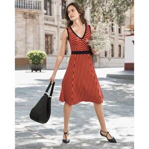 Boden Women’s Red Navy  Striped Dress Knit Sleeveless V Neck Flare